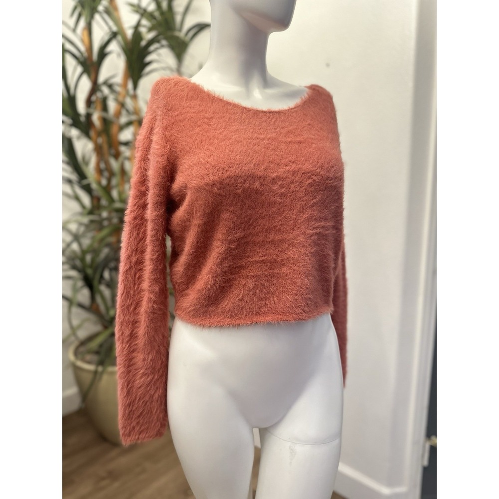 Anthropologie Pilcro Sweater Women XS/S/M Crop Faux Fur Fuzzy Furry Soft Coral